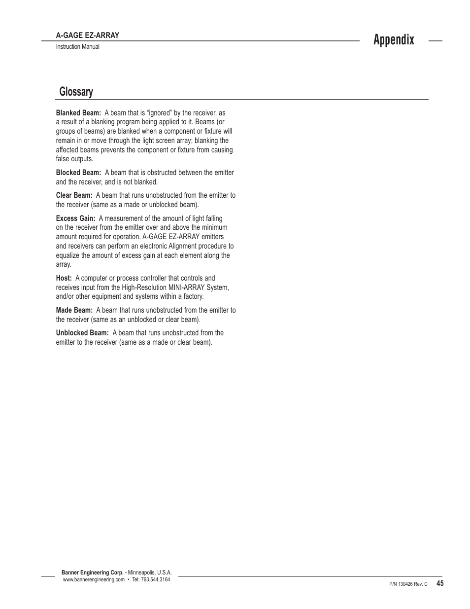 Glossary, Appendix | Banner EZ-ARRAY USB Serial Adapter User Manual | Page 47 / 48