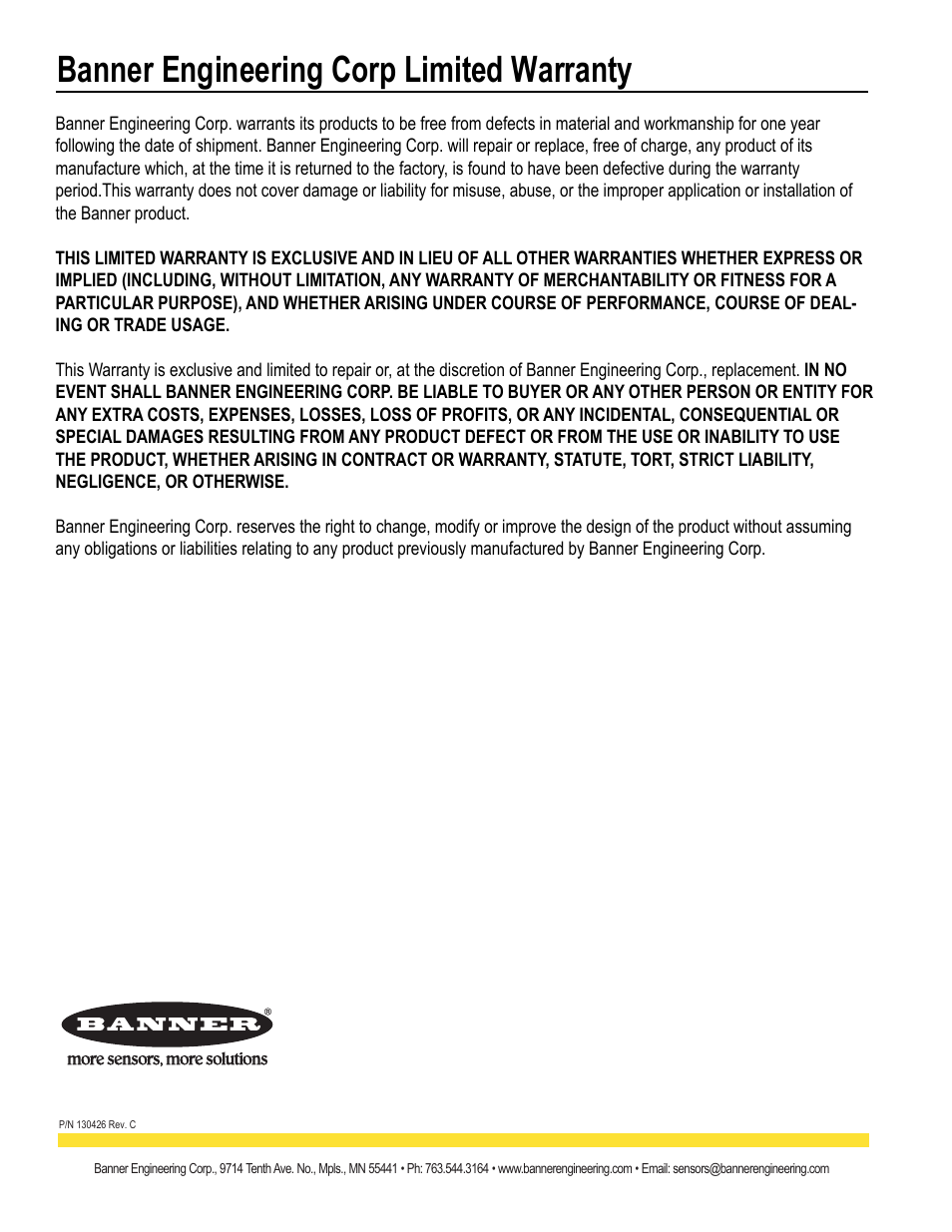Banner engineering corp limited warranty | Banner EZ-ARRAY USB Serial Adapter User Manual | Page 48 / 48