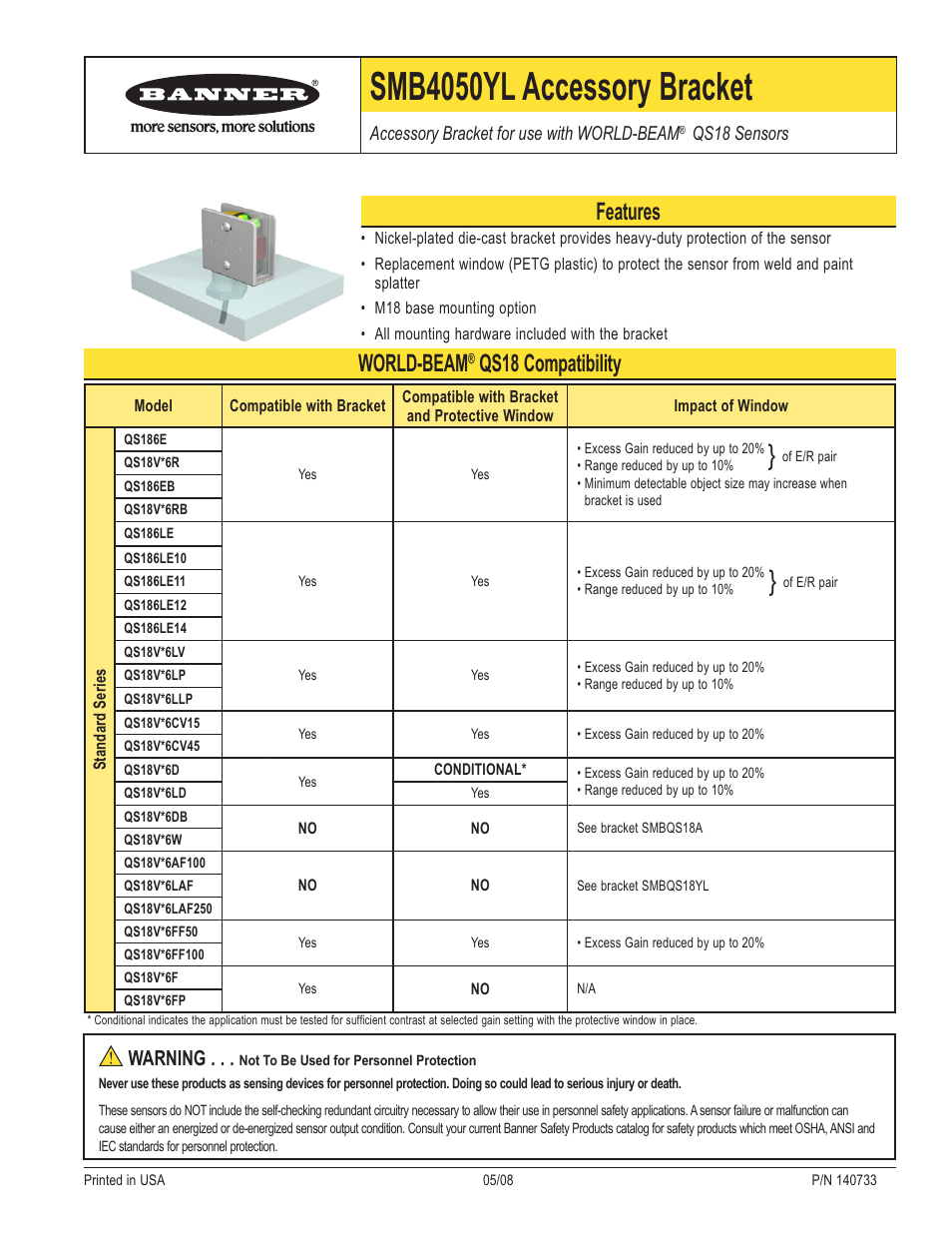 Banner SMB4050YL Accessory Bracket User Manual | 2 pages