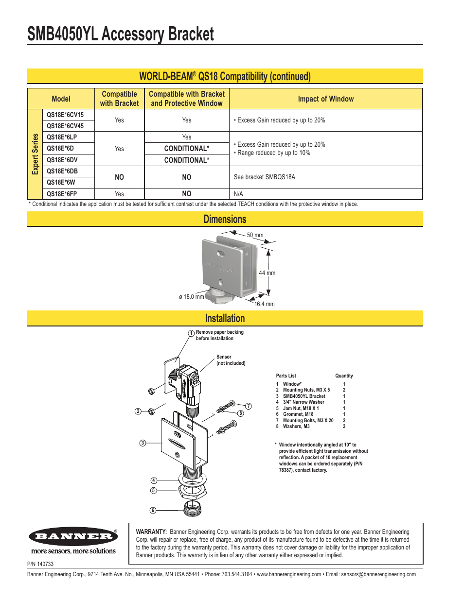 Smb4050yl accessory bracket, Dimensions, World-beam | Qs18 compatibility (continued), Installation | Banner SMB4050YL Accessory Bracket User Manual | Page 2 / 2
