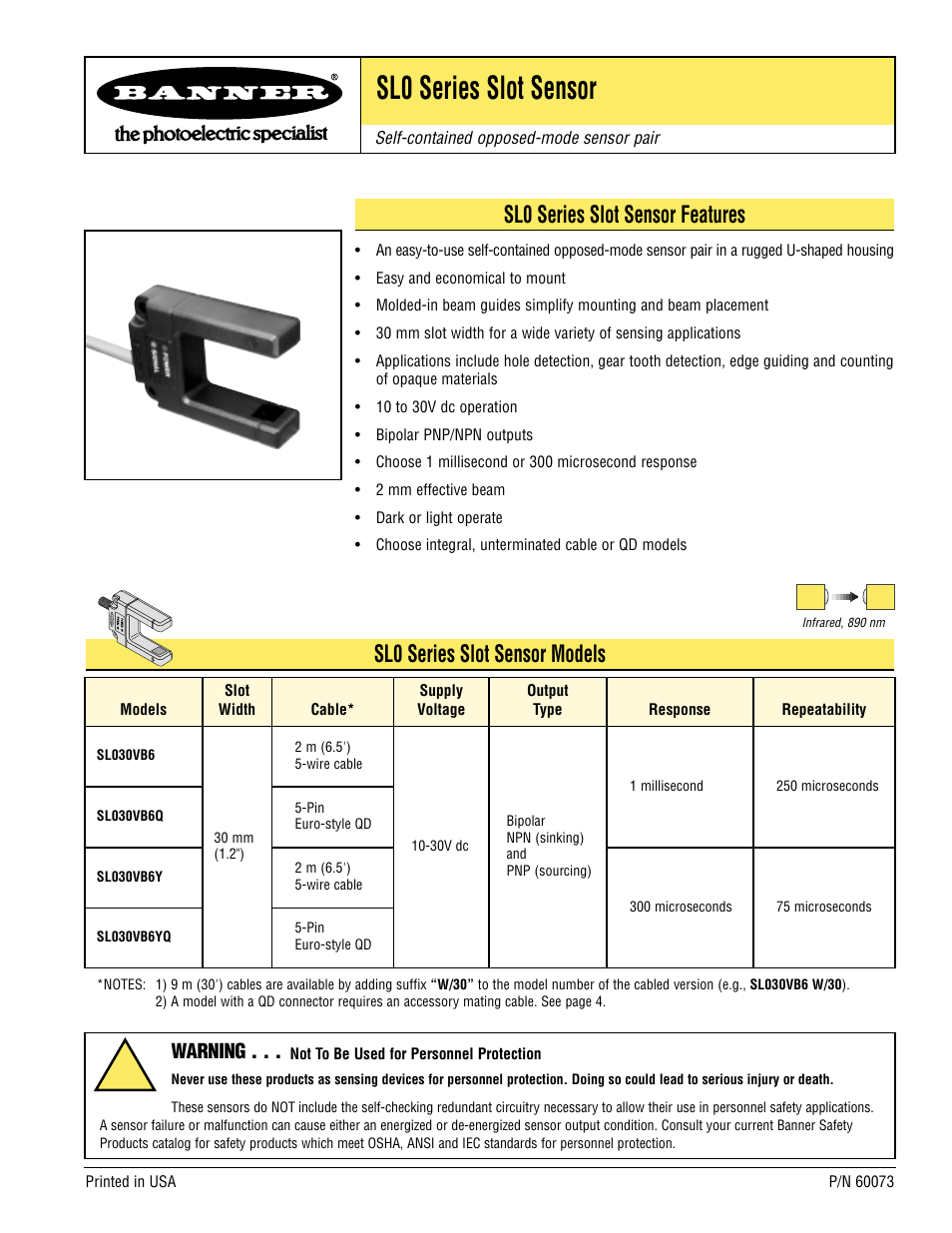 Banner SL30 Series Slot Sensors User Manual | 4 pages