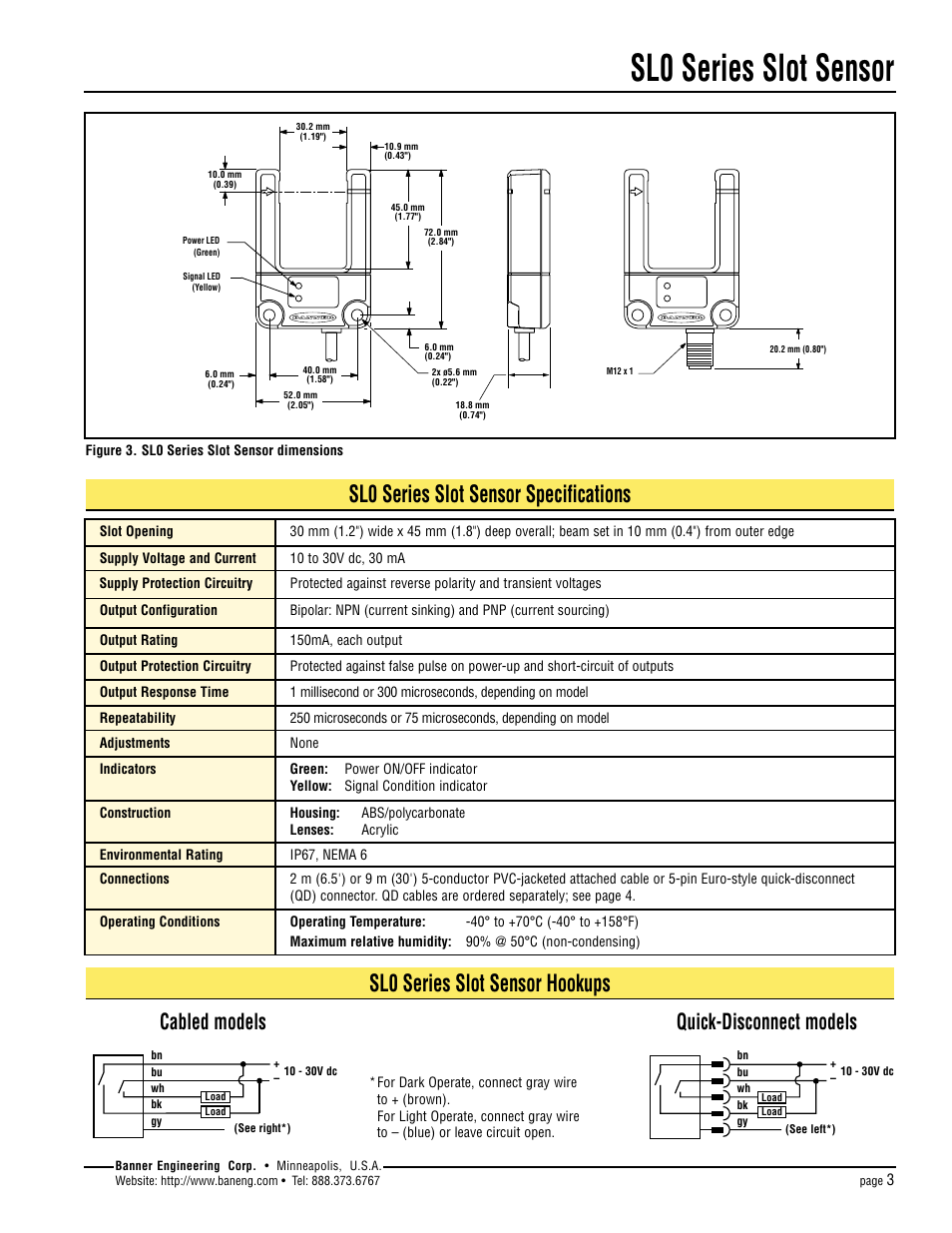 Sl0 series slot sensor, Sl0 series slot sensor specifications, Sl0 series slot sensor hookups | Cabled models, Quick-disconnect models | Banner SL30 Series Slot Sensors User Manual | Page 3 / 4