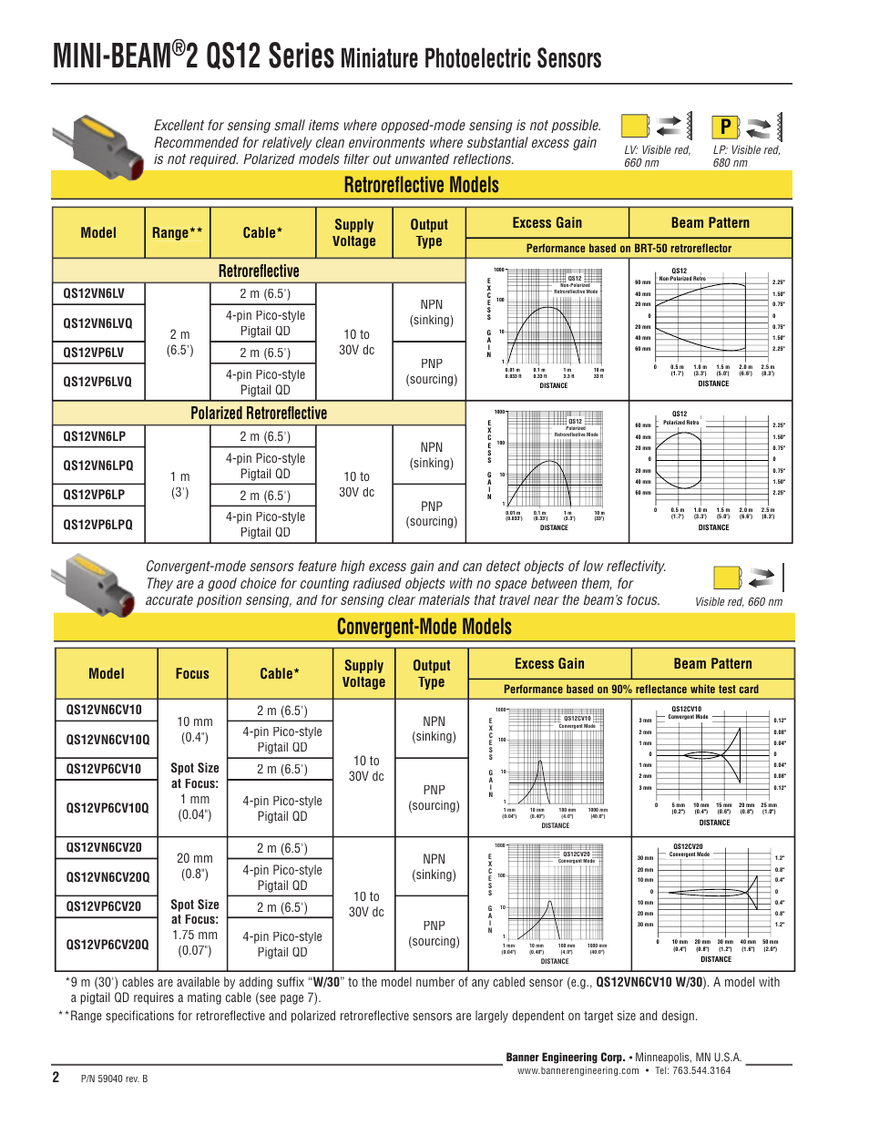 Mini-beam, 2 qs12 series, Miniature photoelectric sensors | Retroreflective models, Convergent-mode models, Retrorefl ective, Polarized retrorefl ective | Banner MINI-BEAM2 QS12 Series User Manual | Page 2 / 8