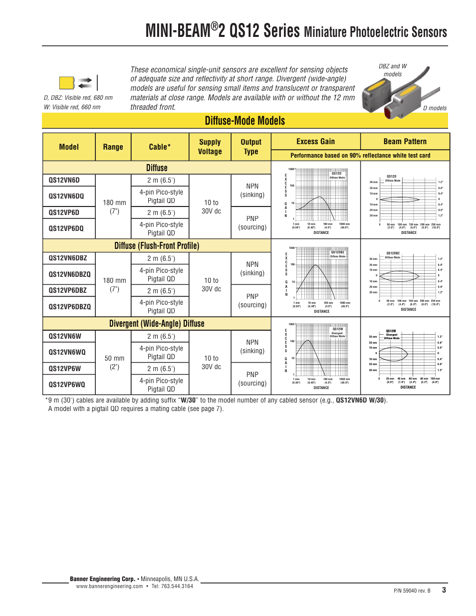 Mini-beam, 2 qs12 series, Miniature photoelectric sensors | Diffuse-mode models, Diffuse, Diffuse (flush-front profi le), Divergent (wide-angle) diffuse | Banner MINI-BEAM2 QS12 Series User Manual | Page 3 / 8