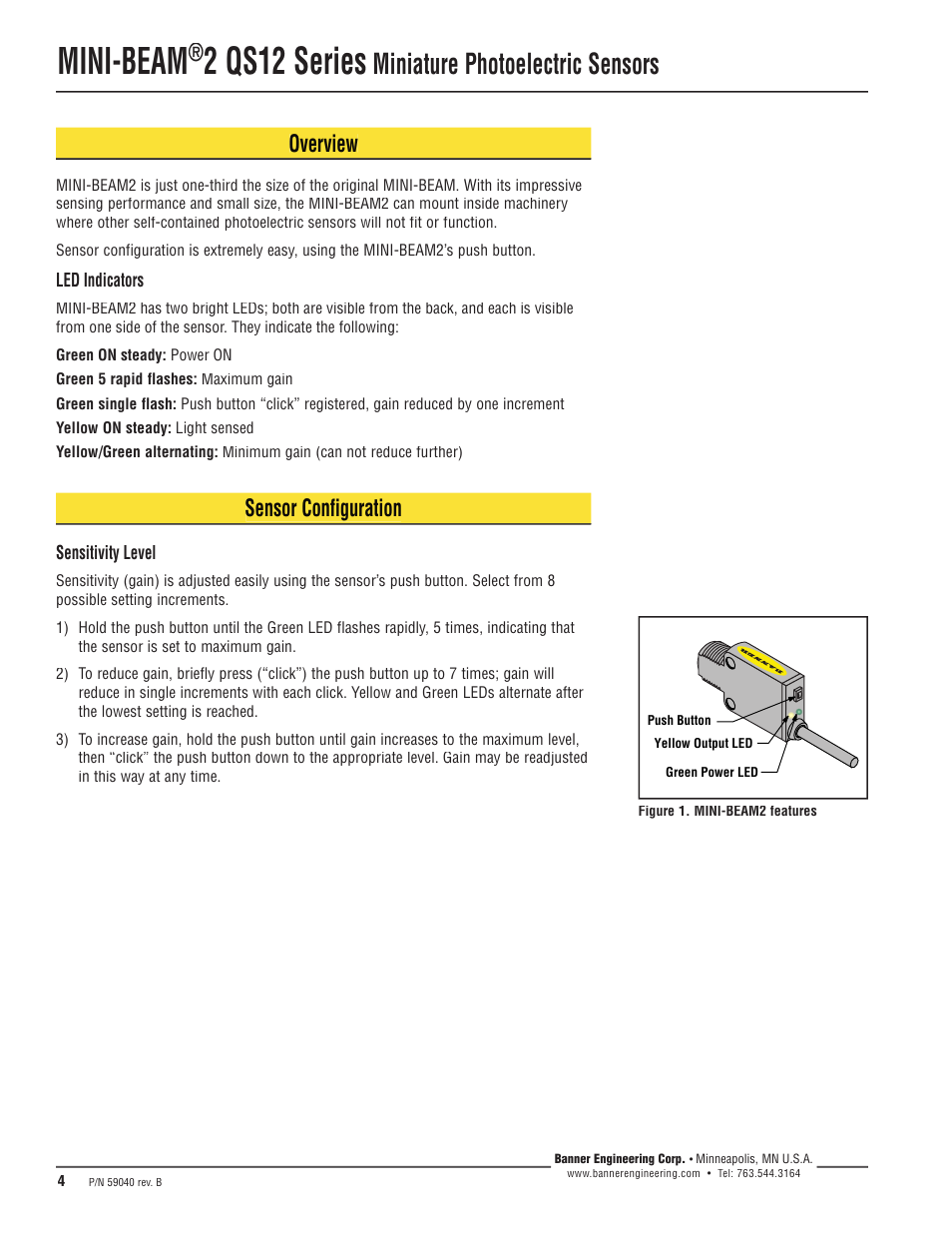 Mini-beam, 2 qs12 series, Miniature photoelectric sensors | Overview, Sensor configuration | Banner MINI-BEAM2 QS12 Series User Manual | Page 4 / 8