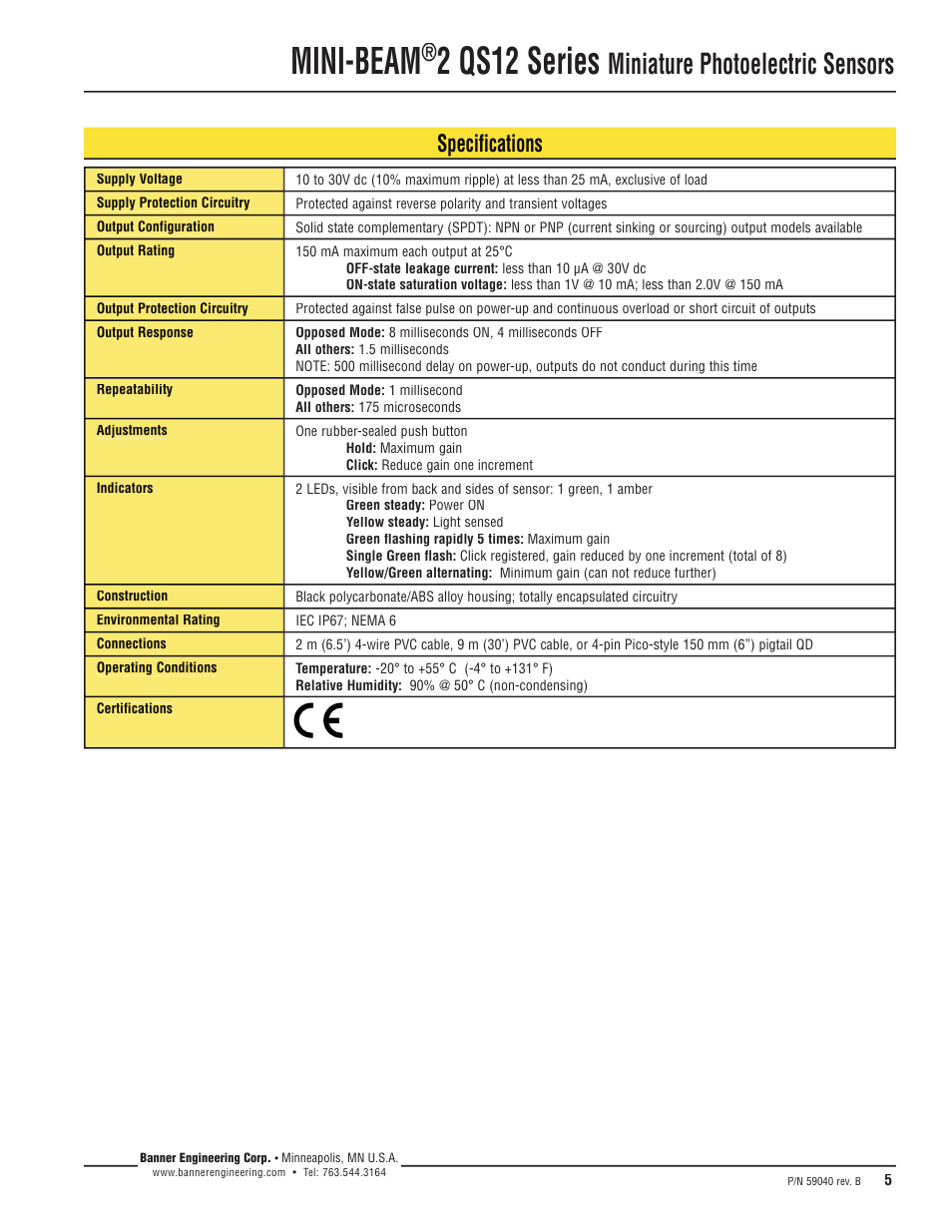 Mini-beam, 2 qs12 series, Miniature photoelectric sensors | Specifications | Banner MINI-BEAM2 QS12 Series User Manual | Page 5 / 8