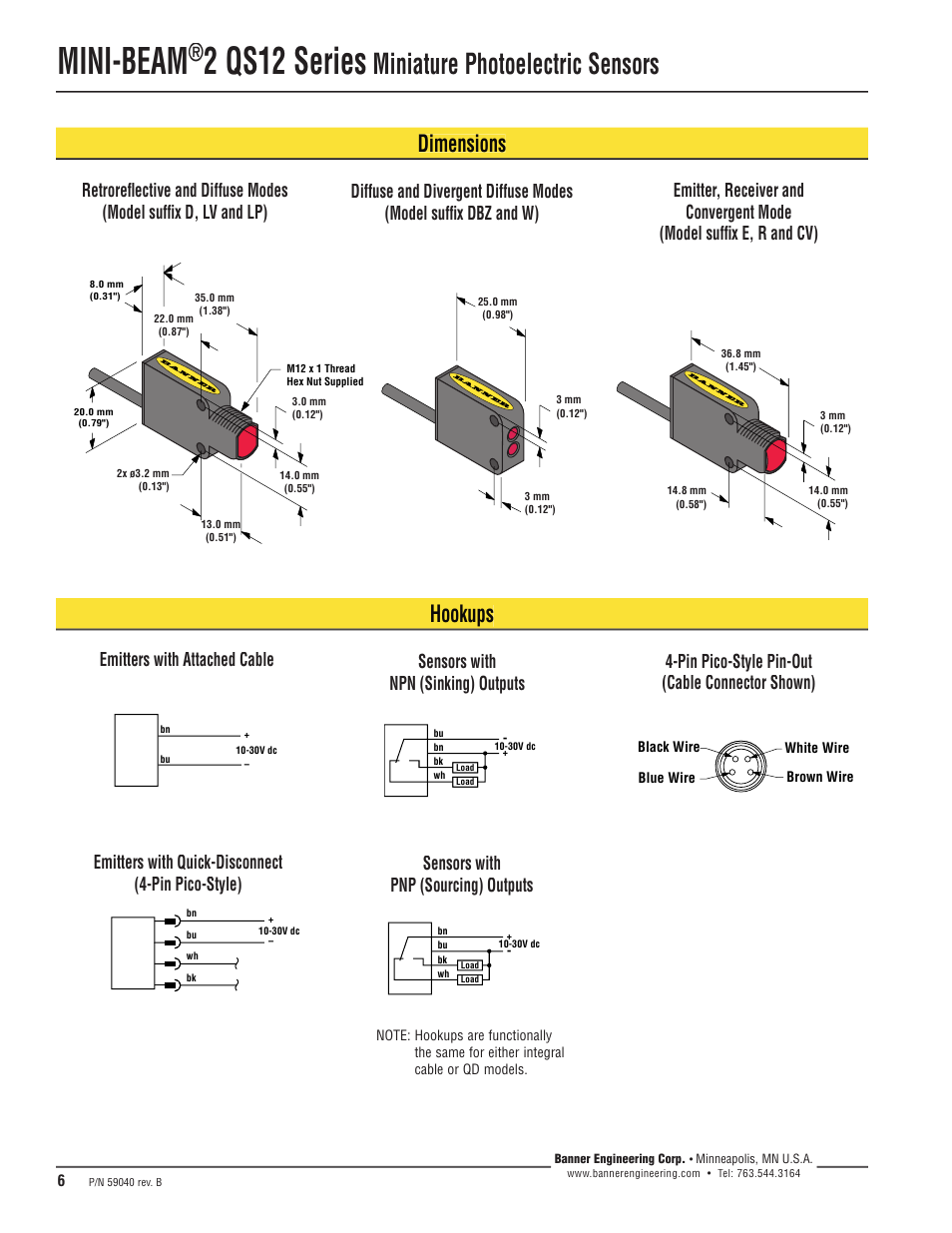 Mini-beam, 2 qs12 series, Miniature photoelectric sensors | Dimensions hookups, Emitters with quick-disconnect (4-pin pico-style) | Banner MINI-BEAM2 QS12 Series User Manual | Page 6 / 8