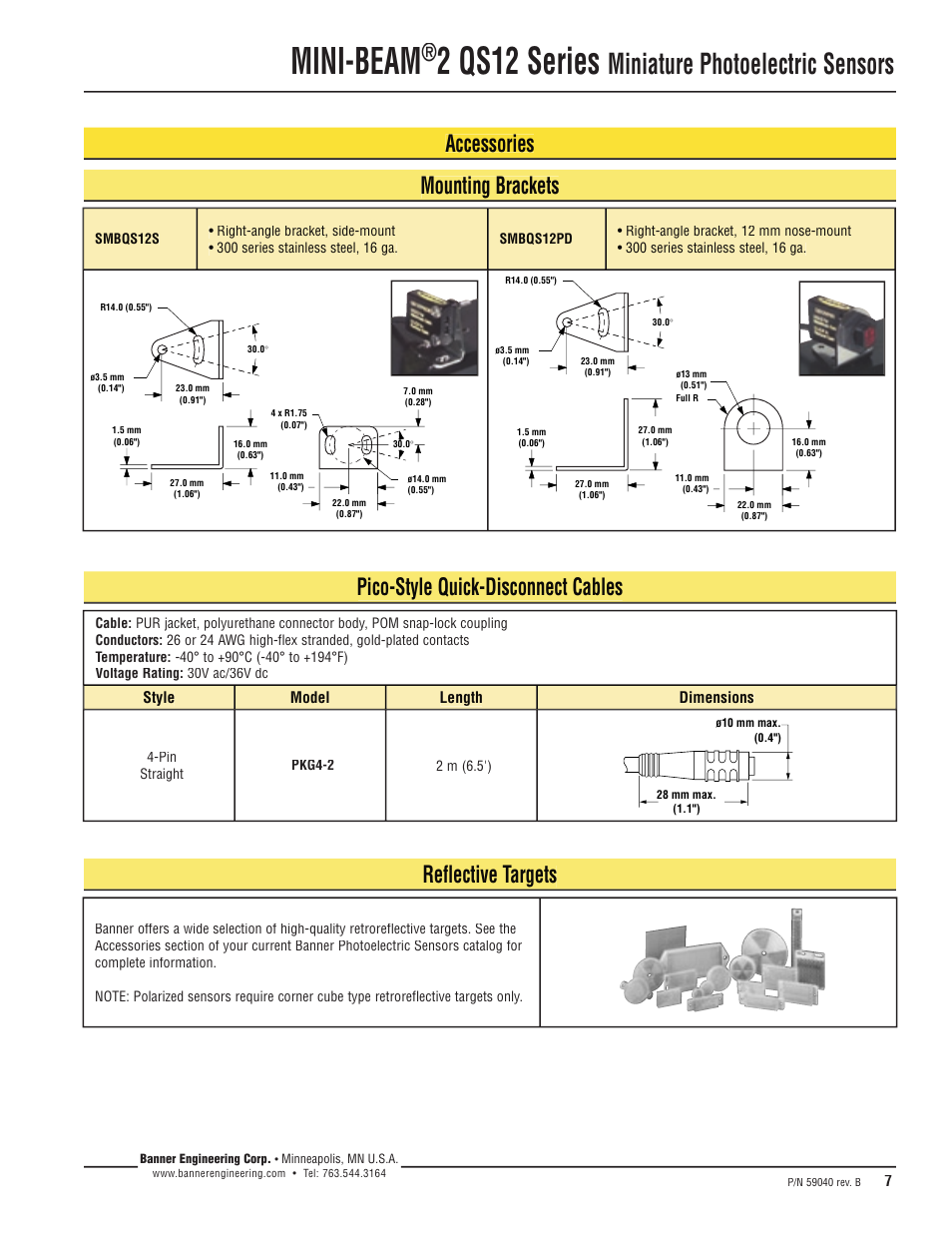 Mini-beam, 2 qs12 series, Miniature photoelectric sensors | Accessories mounting brackets | Banner MINI-BEAM2 QS12 Series User Manual | Page 7 / 8