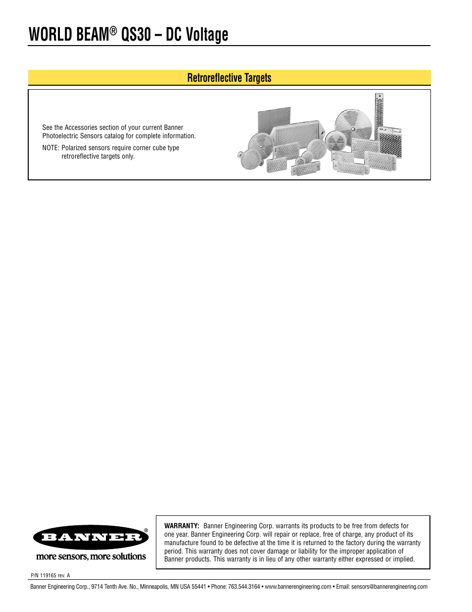 World beam, Qs30 – dc voltage, Retroreflective targets | Banner WORLD-BEAM QS30 Series User Manual | Page 10 / 10