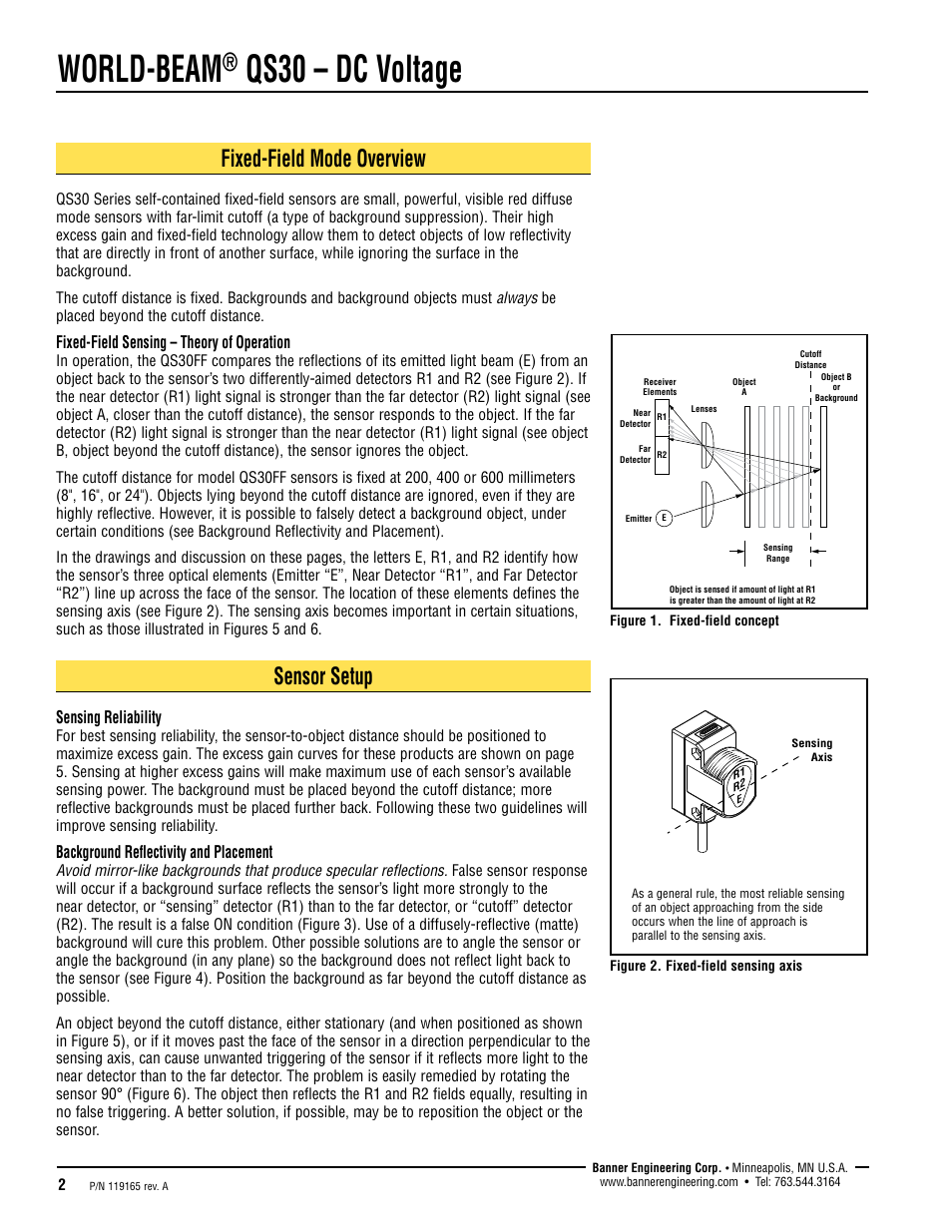 World-beam, Qs30 – dc voltage, Fixed-field mode overview | Sensor setup, Fixed-field sensing – theory of operation, Sensing reliability, Background reflectivity and placement | Banner WORLD-BEAM QS30 Series User Manual | Page 2 / 10