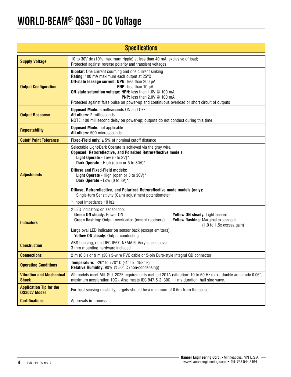 World-beam, Qs30 – dc voltage, Specifications | Banner WORLD-BEAM QS30 Series User Manual | Page 4 / 10