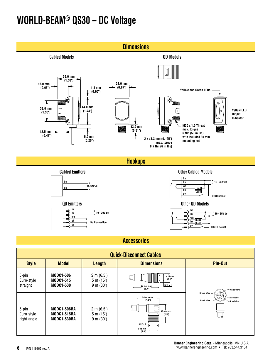 World-beam, Qs30 – dc voltage, Dimensions hookups | Accessories, Quick-disconnect cables, Cabled emitters qd emitters | Banner WORLD-BEAM QS30 Series User Manual | Page 6 / 10