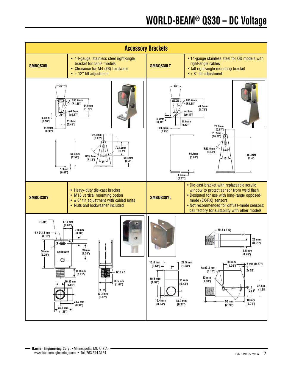 World-beam, Qs30 – dc voltage, Accessory brackets | Banner WORLD-BEAM QS30 Series User Manual | Page 7 / 10