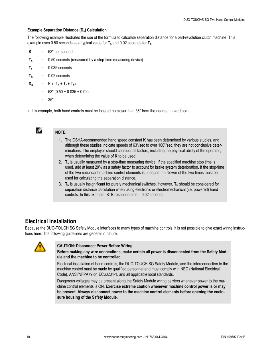 Electrical installation | Banner DUO-TOUCH SG Two-Hand Control Safety Modules User Manual | Page 10 / 20