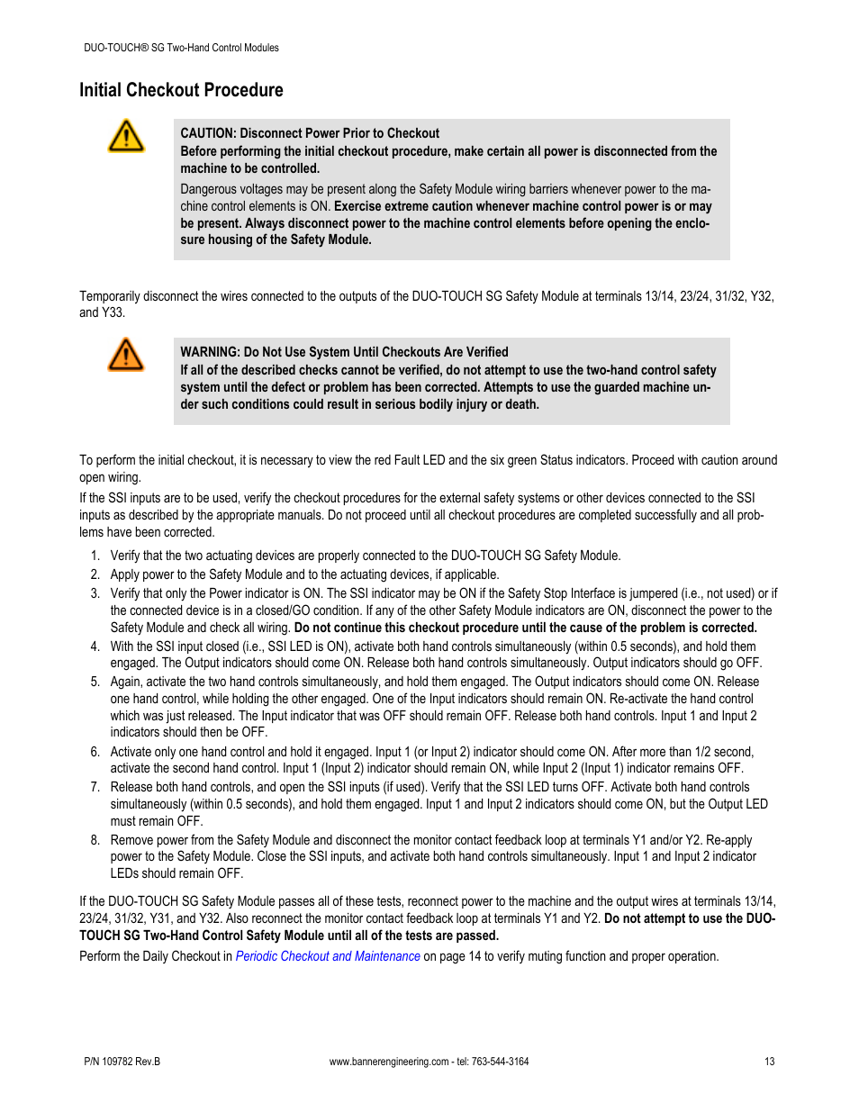Initial checkout procedure | Banner DUO-TOUCH SG Two-Hand Control Safety Modules User Manual | Page 13 / 20
