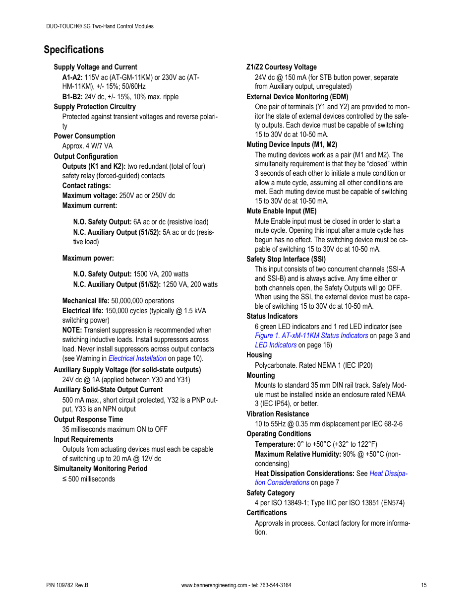 Specifications, Hookup information and, Speci | Fications | Banner DUO-TOUCH SG Two-Hand Control Safety Modules User Manual | Page 15 / 20
