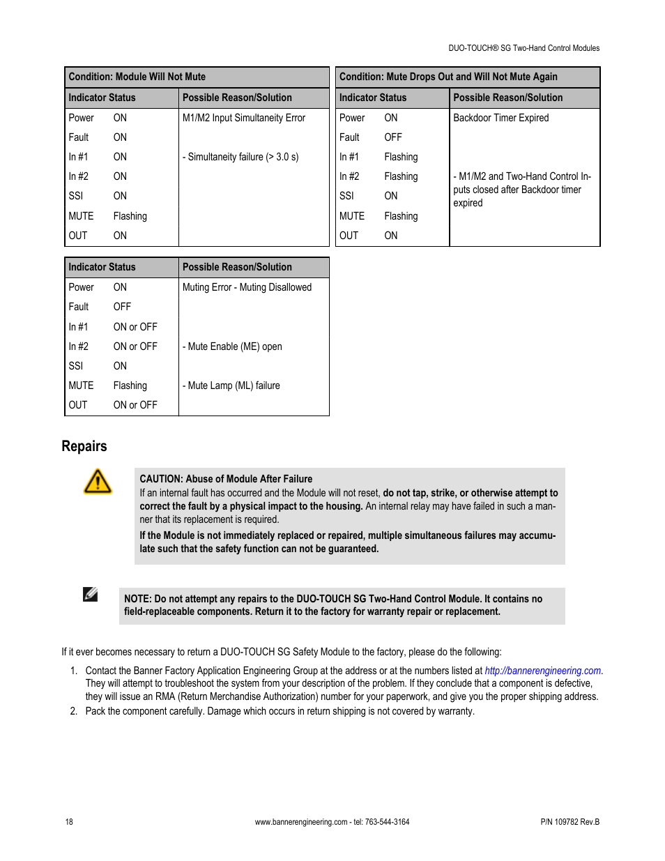 Repairs | Banner DUO-TOUCH SG Two-Hand Control Safety Modules User Manual | Page 18 / 20