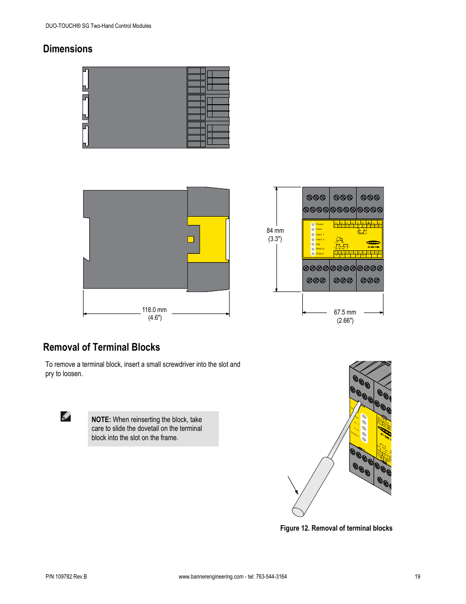 Dimen, Sions, Dimensions | Removal of terminal blocks, Figure 12. removal of terminal blocks | Banner DUO-TOUCH SG Two-Hand Control Safety Modules User Manual | Page 19 / 20