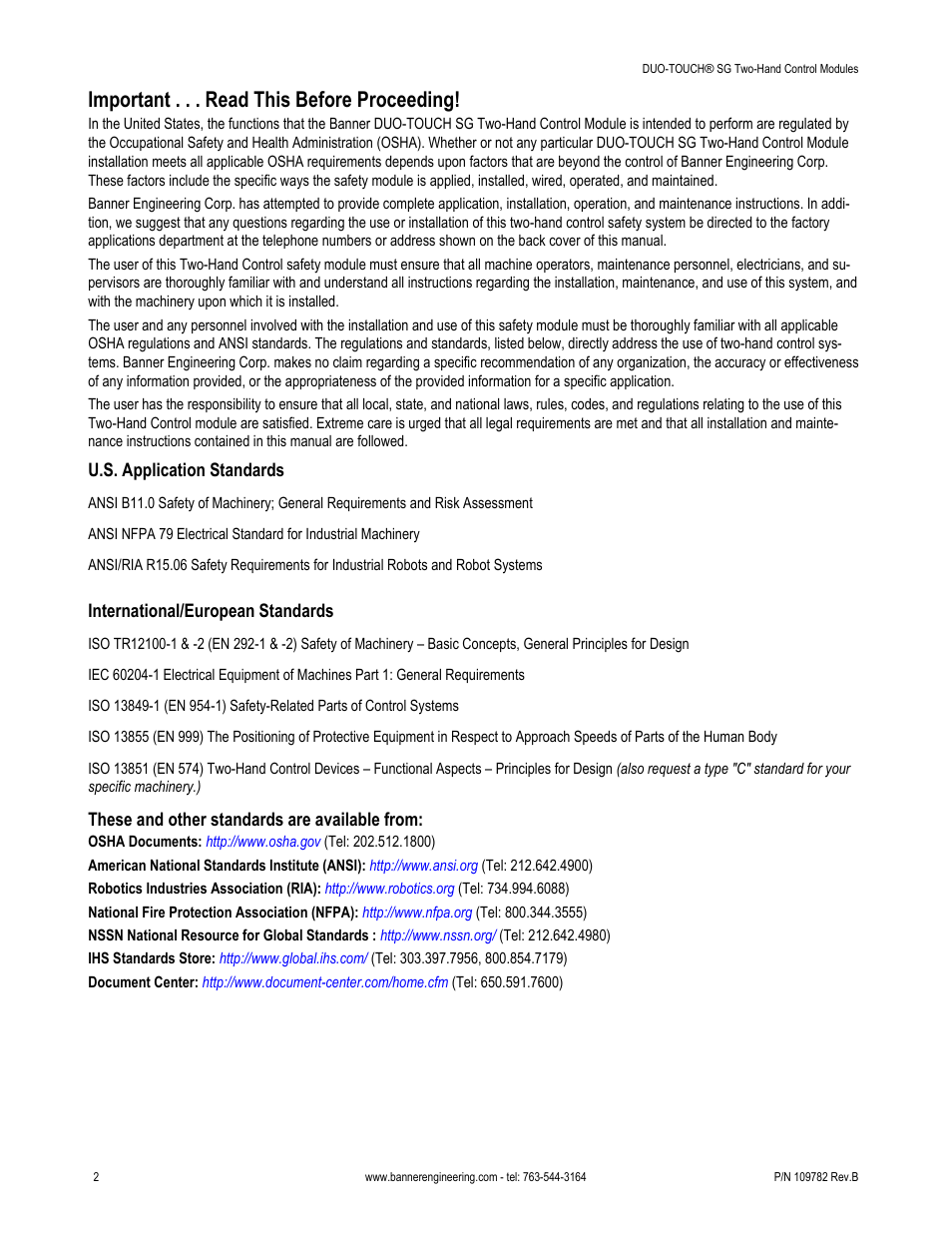 Important . . . read this before proceeding | Banner DUO-TOUCH SG Two-Hand Control Safety Modules User Manual | Page 2 / 20