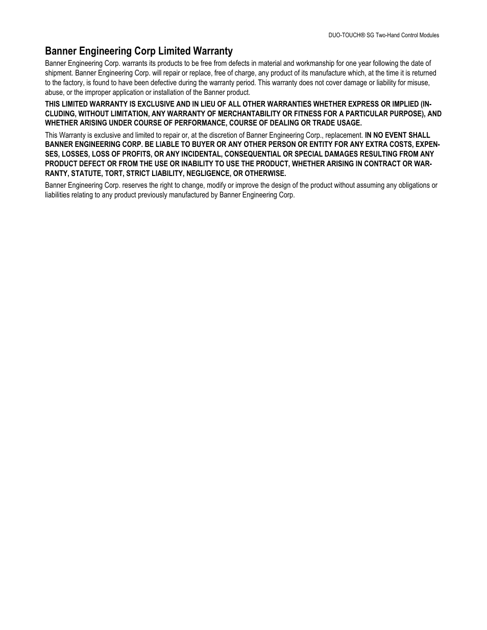 Banner engineering corp limited warranty | Banner DUO-TOUCH SG Two-Hand Control Safety Modules User Manual | Page 20 / 20