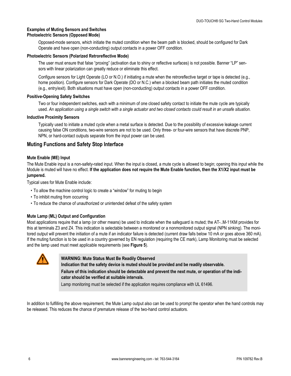 Muting functions and safety stop interface | Banner DUO-TOUCH SG Two-Hand Control Safety Modules User Manual | Page 6 / 20