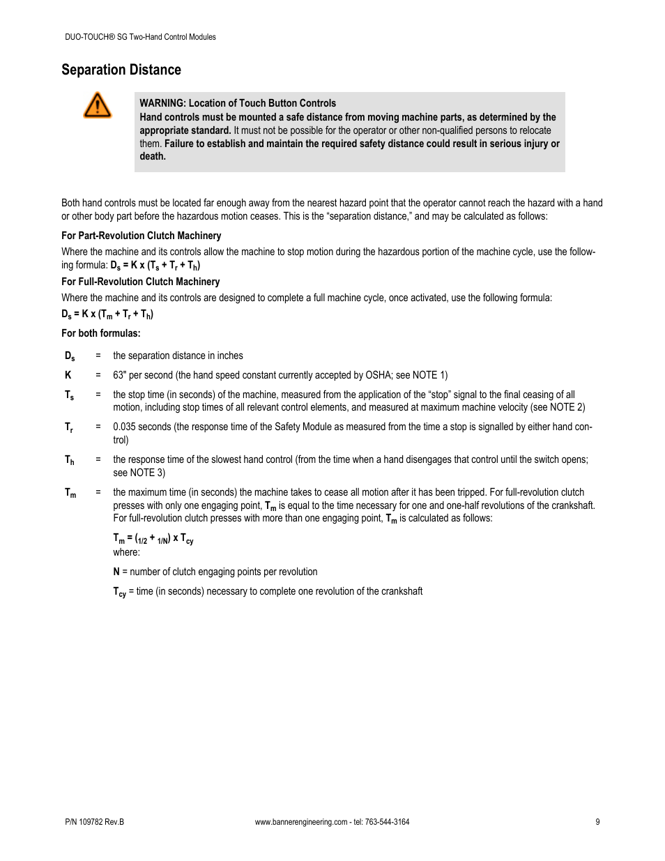 Separation distance | Banner DUO-TOUCH SG Two-Hand Control Safety Modules User Manual | Page 9 / 20