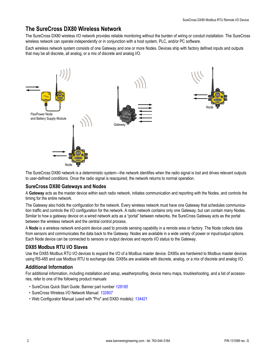 The surecross dx80 wireless network, Surecross dx80 gateways and nodes, Dx85 modbus rtu i/o slaves | Additional information | Banner SureCross DX85 Expandable Remote I/O User Manual | Page 2 / 9