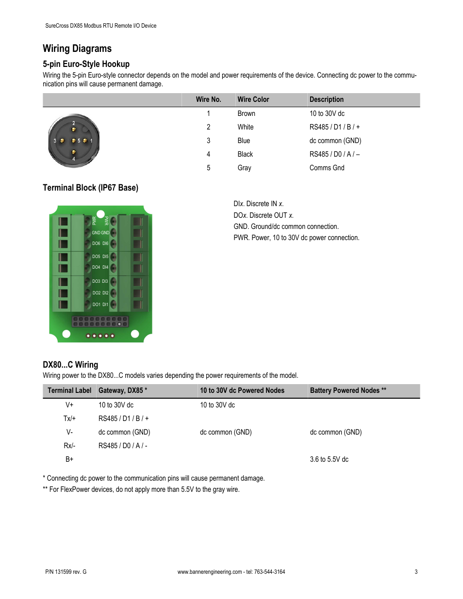 Wiring diagrams, Pin euro-style hookup, Terminal block (ip67 base) | Dx80...c wiring | Banner SureCross DX85 Expandable Remote I/O User Manual | Page 3 / 9