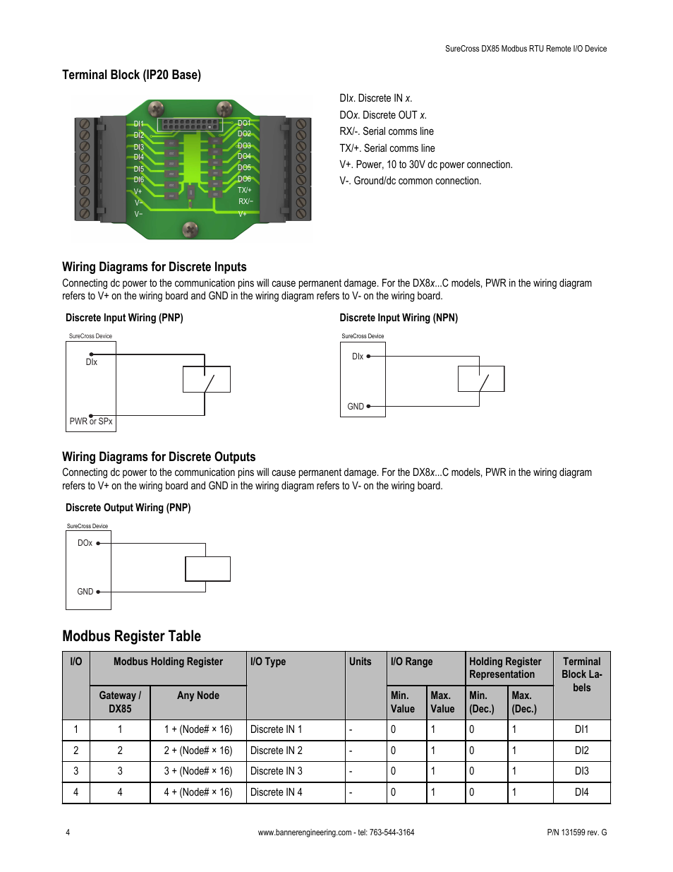 Modbus register table, Terminal block (ip20 base), Wiring diagrams for discrete inputs | Wiring diagrams for discrete outputs | Banner SureCross DX85 Expandable Remote I/O User Manual | Page 4 / 9