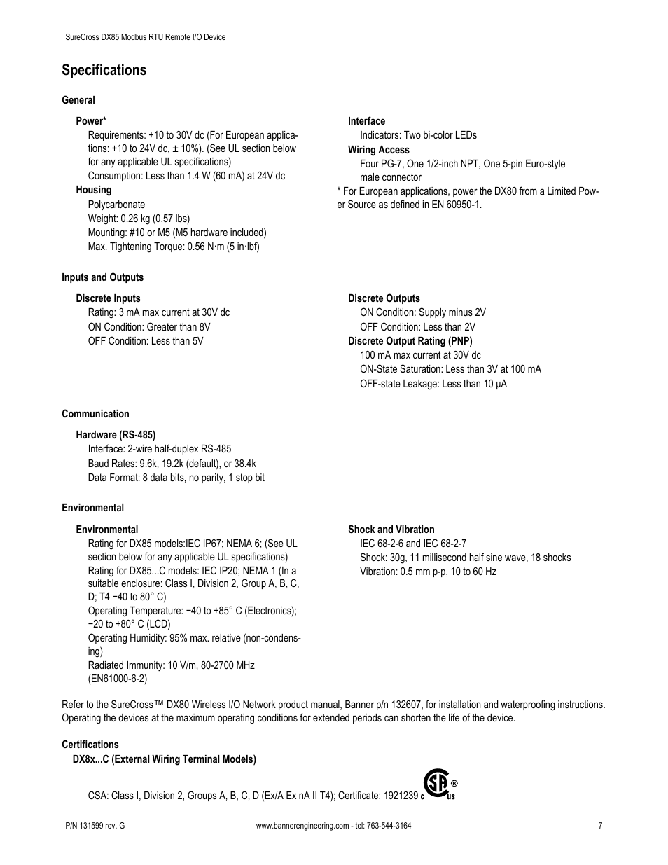 Specifications | Banner SureCross DX85 Expandable Remote I/O User Manual | Page 7 / 9