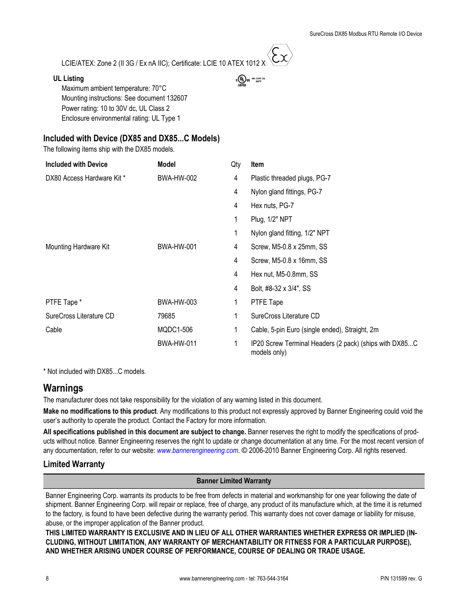 Warnings | Banner SureCross DX85 Expandable Remote I/O User Manual | Page 8 / 9
