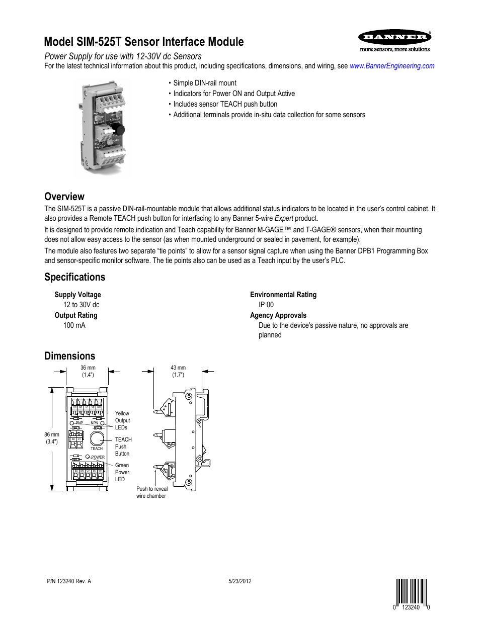 Banner M-GAGE S18M Series Vehicle Detection Series User Manual | 3 pages