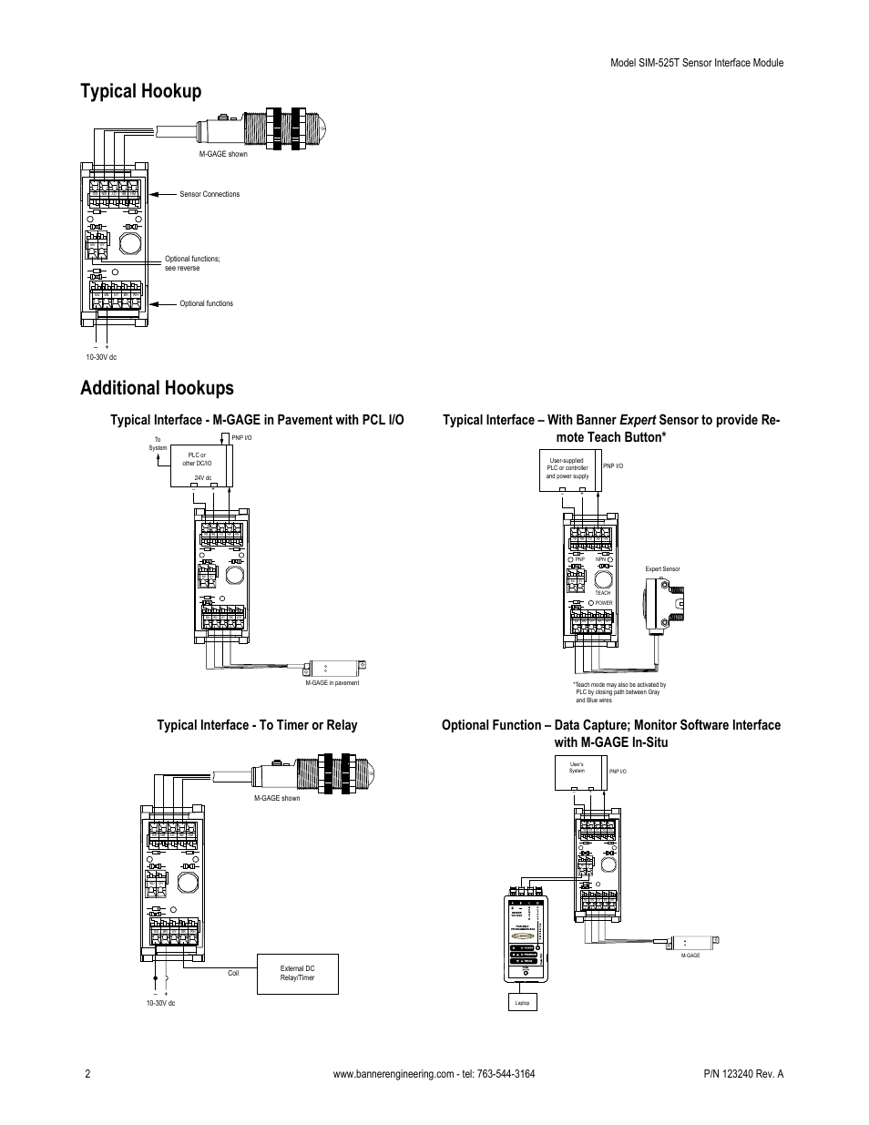 Typical hookup, Additional hookups, Typical interface - to timer or relay | Banner M-GAGE S18M Series Vehicle Detection Series User Manual | Page 2 / 3
