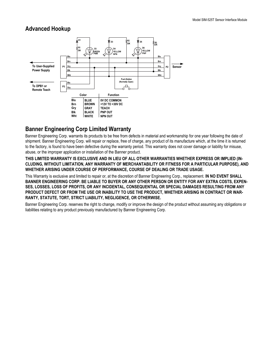 Advanced hookup, Banner engineering corp limited warranty | Banner M-GAGE S18M Series Vehicle Detection Series User Manual | Page 3 / 3