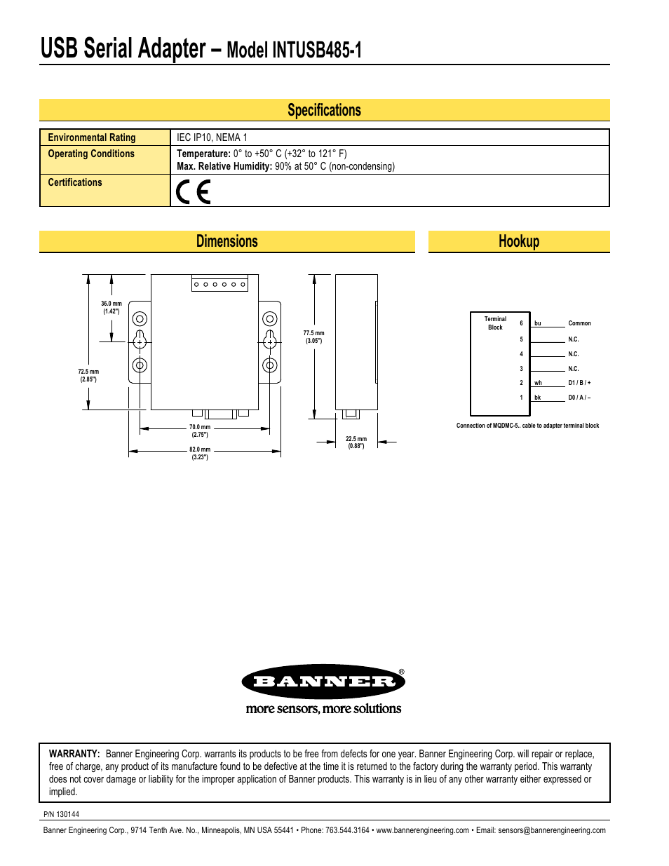 Usb serial adapter, Model intusb485-1, Specifications dimensions | Hookup | Banner EZ-ARRAY USB Serial Adapter User Manual | Page 2 / 2