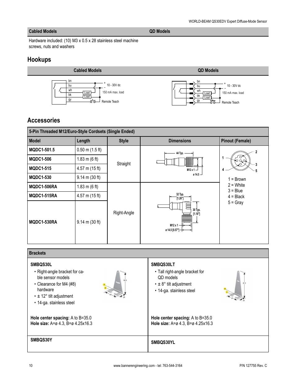 Hookups, Accessories | Banner WORLD-BEAM QS30 Series User Manual | Page 10 / 11