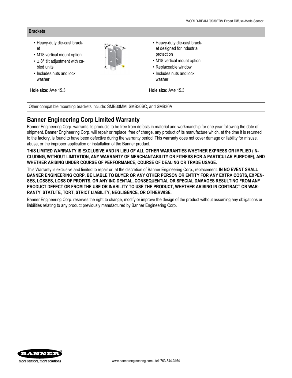 Banner engineering corp limited warranty | Banner WORLD-BEAM QS30 Series User Manual | Page 11 / 11