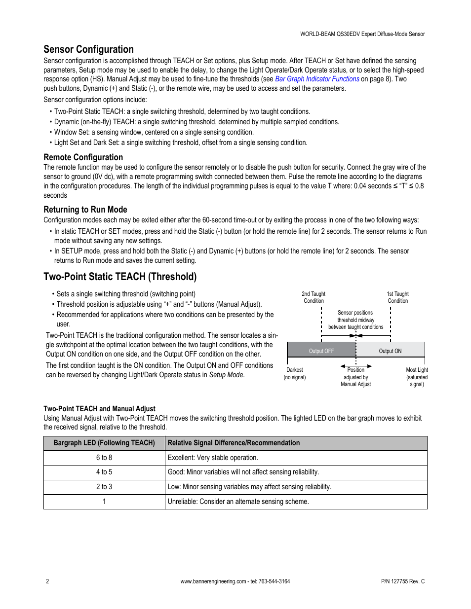 Sensor configuration, Two-point static teach (threshold), Remote configuration | Returning to run mode | Banner WORLD-BEAM QS30 Series User Manual | Page 2 / 11