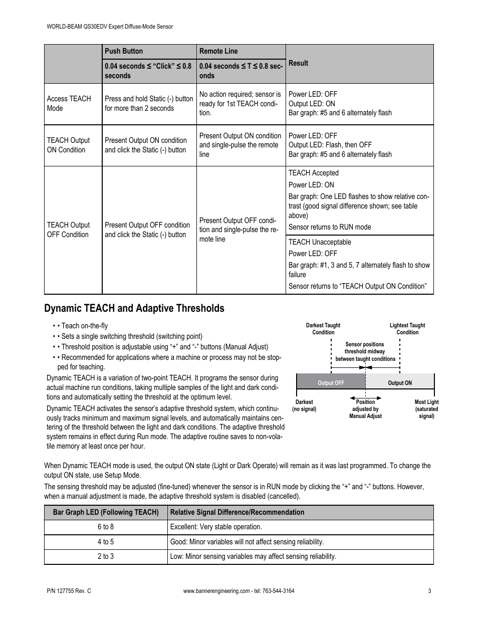 Dynamic teach and adaptive thresholds | Banner WORLD-BEAM QS30 Series User Manual | Page 3 / 11