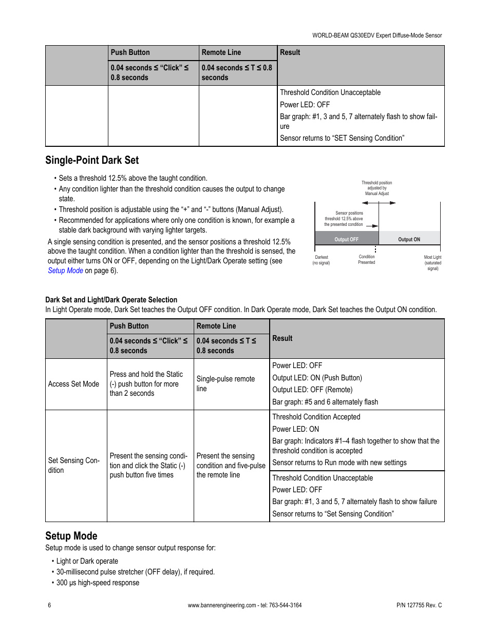 Single-point dark set, Setup mode | Banner WORLD-BEAM QS30 Series User Manual | Page 6 / 11