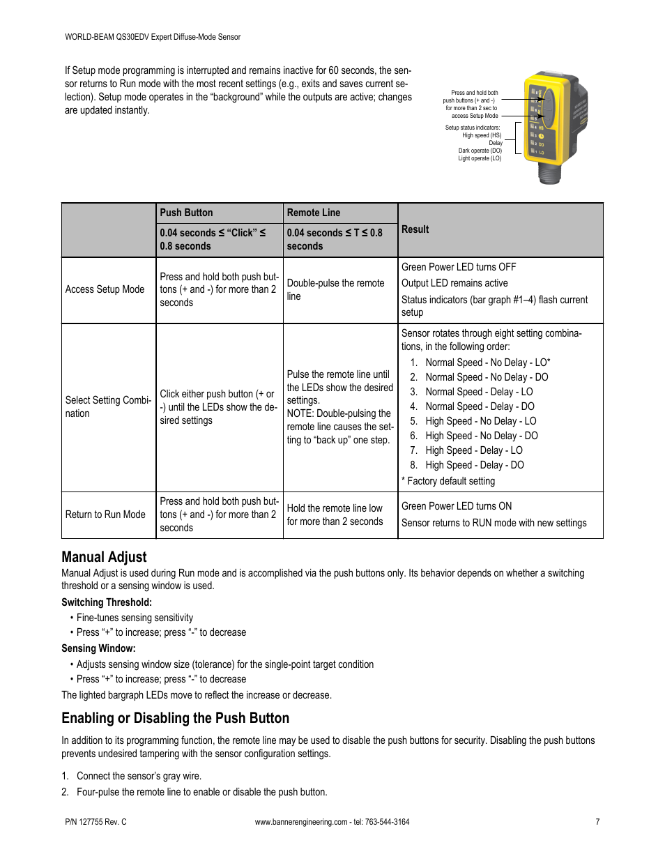 Manual adjust, Enabling or disabling the push button | Banner WORLD-BEAM QS30 Series User Manual | Page 7 / 11