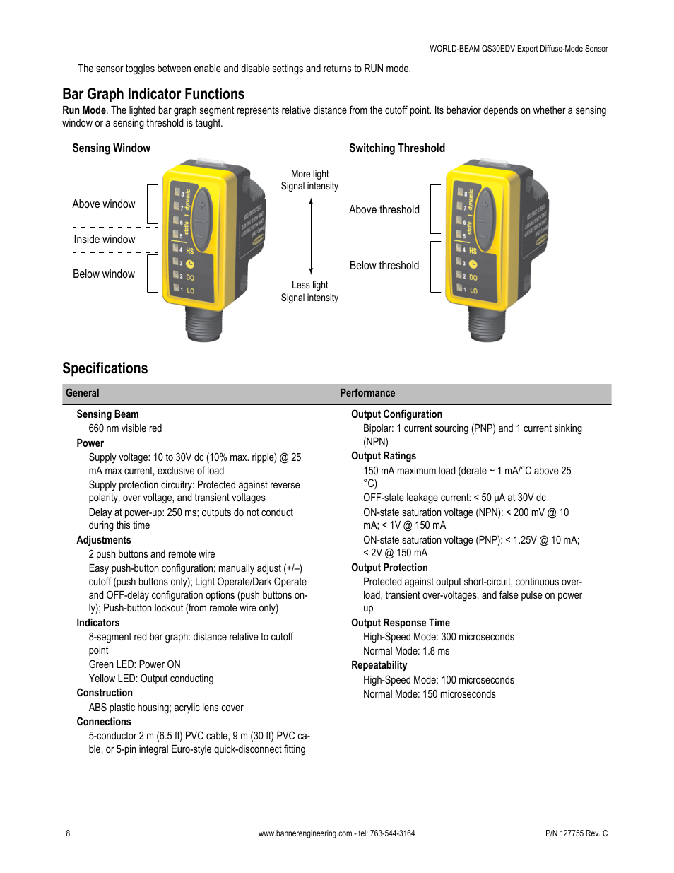 Bar graph indicator functions, Specifications | Banner WORLD-BEAM QS30 Series User Manual | Page 8 / 11