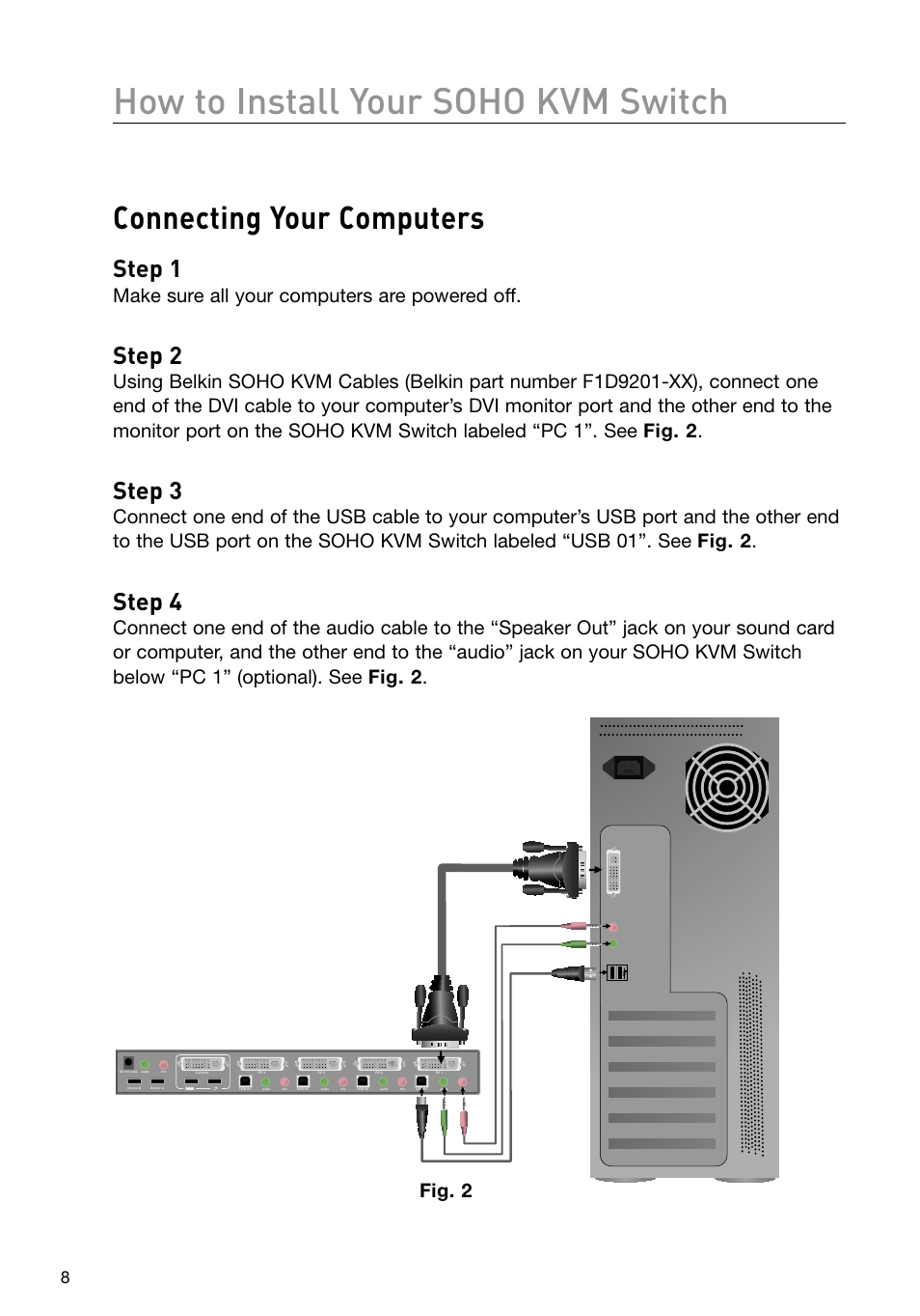 How to install your soho kvm switch, Connecting your computers, Step 1 | Step 2, Step 3, Step 4, Make sure all your computers are powered off, Fig. 2 | Belkin F1DD102U User Manual | Page 11 / 20