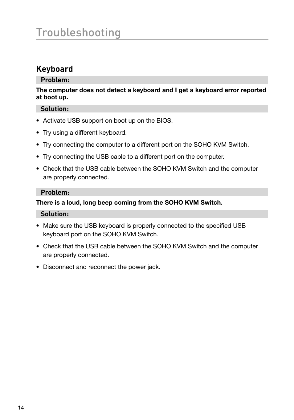 Troubleshooting, Keyboard | Belkin F1DD102U User Manual | Page 17 / 20