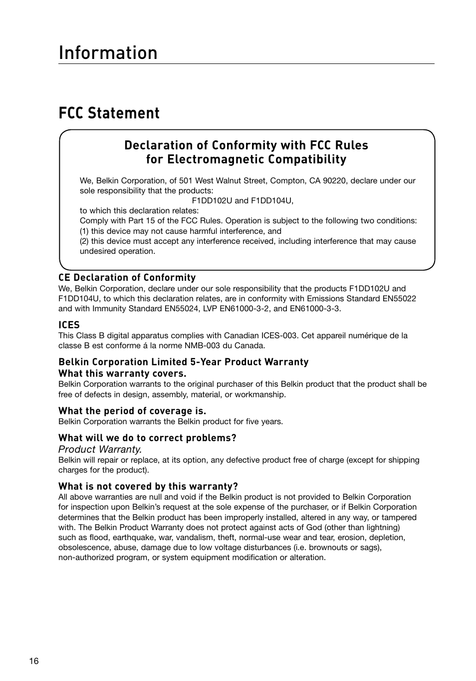 Information, Fcc statement | Belkin F1DD102U User Manual | Page 19 / 20