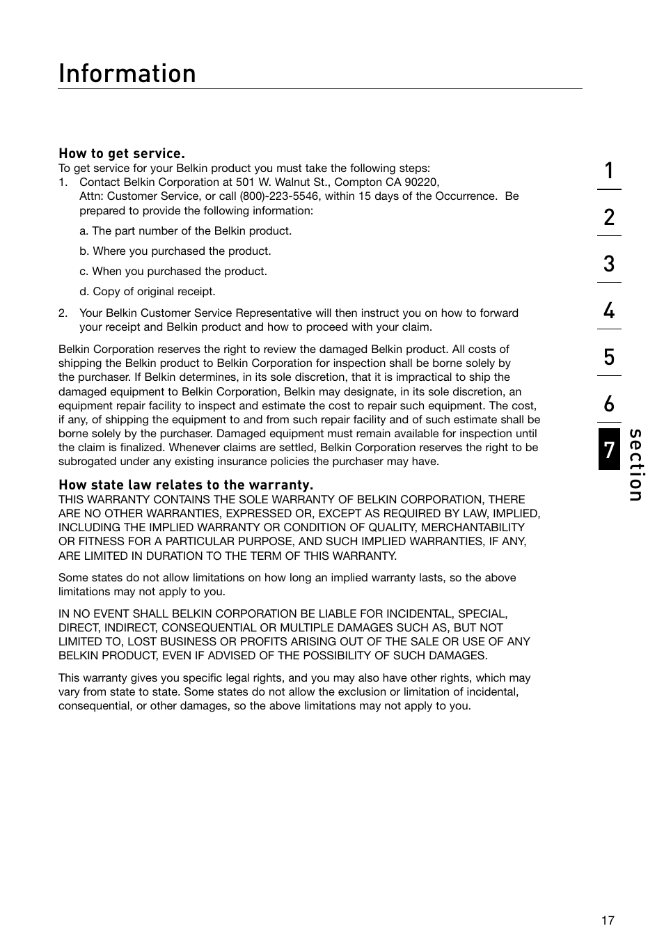 Information, Se ct io n | Belkin F1DD102U User Manual | Page 20 / 20