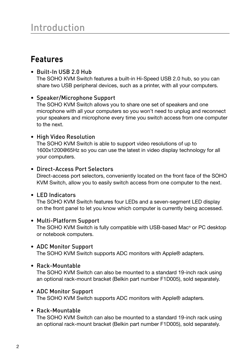 Introduction, Features | Belkin F1DD102U User Manual | Page 5 / 20