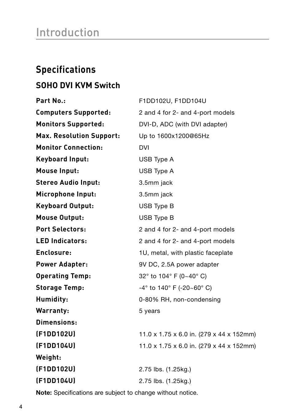 Introduction, Specifications, Soho dvi kvm switch | Belkin F1DD102U User Manual | Page 7 / 20