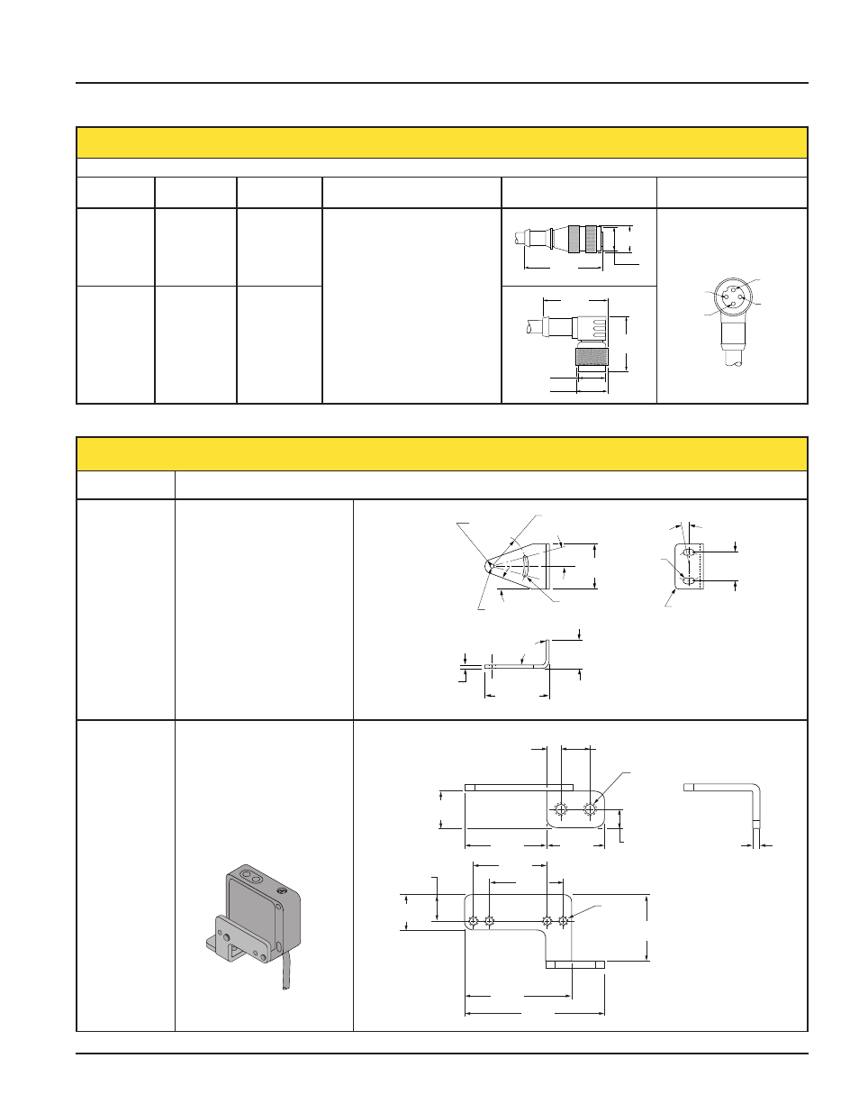 Quick disconnect (qd) cables, Mounting brackets, Dimensions style model length for use with | Pinout, Model description, Pin euro style, Smb19 smb42f, 13 gauge stainless steel • hardware included | Banner QMT42 Series 400 mm Adjustable Field Sensors User Manual | Page 5 / 6