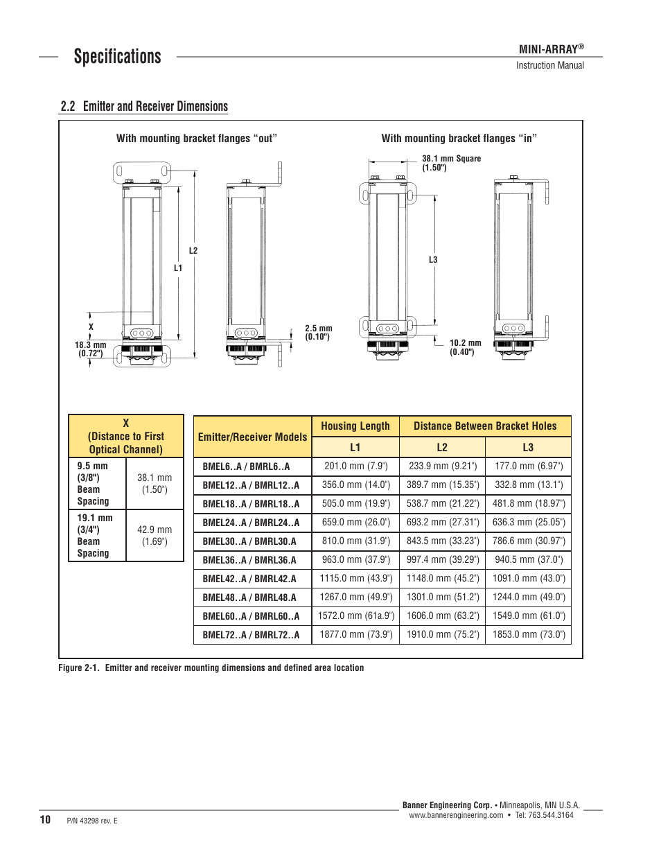 Specifications, 2 emitter and receiver dimensions | Banner A-GAGE MINI-ARRAY Series User Manual | Page 10 / 44